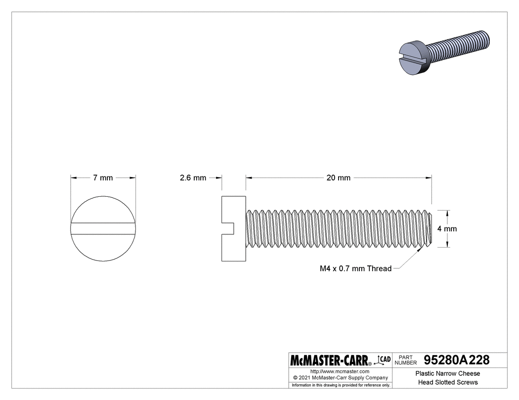 Technical Drawing of Narrow Cheese Head Slotted Screws, Plastic, M4 x 0.70 mm Thread, 20mm Long.